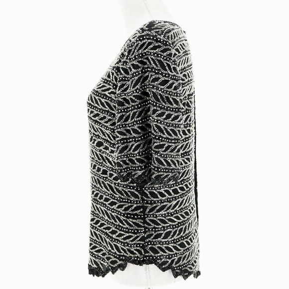 Laurence Kazar Top Plus Size 2X XXL Black Silk Blouse Silver Beads Vintage - Picture 12 of 13